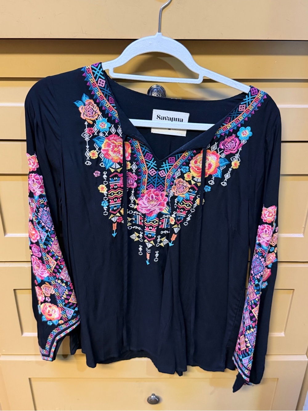 Savannah Black Long-Sleeve V-Neck Top with Multicolor Floral Embroidery